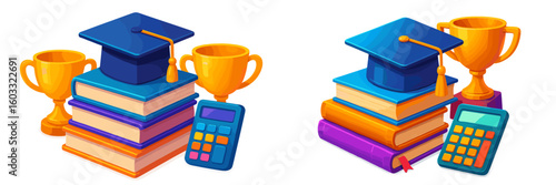Celebration of academic achievement with books, calculator, and trophies representing success and education