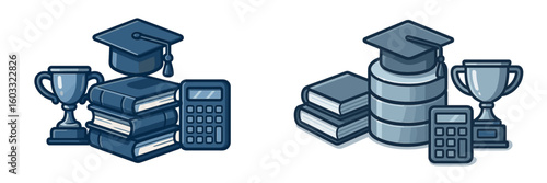 Graduates celebrate achievements with trophies, books, and calculators in an academic environment