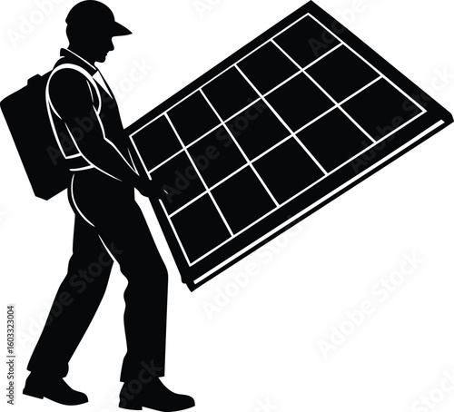 Solar Panel Installer Silhouette | Renewable Energy Technician Installing Solar Panels Silhouette