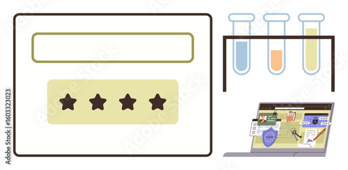 Rating stars, test tubes filled with liquid, laptop showing detective investigation. Ideal for user reviews, quality analysis, research, digital security, scientific studies, feedback systems online