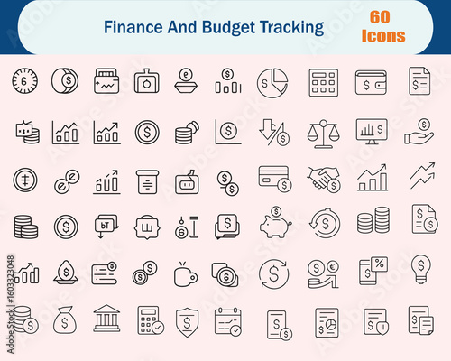 Black And White Finance And Budget Tracking Line Icons Set.