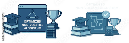 Creative design illustrating educational achievements and algorithmic concepts with trophies and books in a digital context