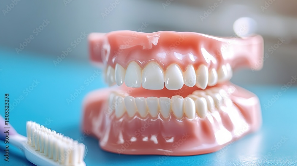 Fototapeta premium A close-up image of a dental model showcasing upper and lower teeth with a toothbrush in the foreground on a blue surface.