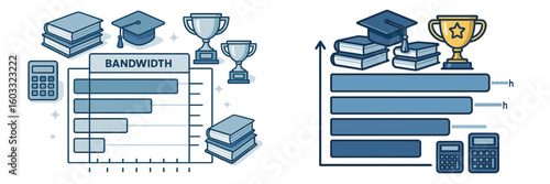 Graphs showcasing bandwidth metrics with academic themes and award symbols in a modern design