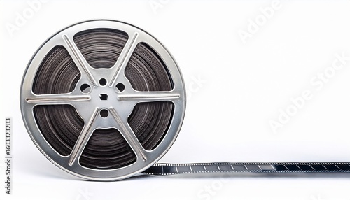 metal film reel unwinding showing the film strip isolated on white background perfect for cinema and movie related projects