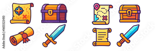 Colorful treasure map and pirate symbols depicting adventure, exploration, and hidden loot