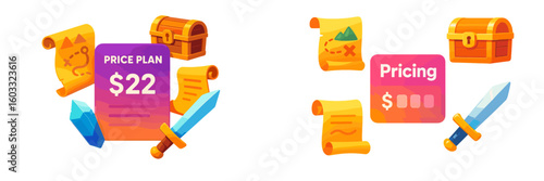 Pricing plan design with treasure chests, swords, and treasure maps for a gaming theme