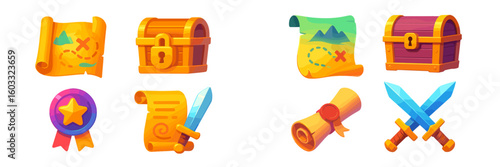 Colorful icons representing adventure themes like treasure maps, swords, and rewards in a playful design