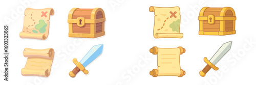 Treasure maps and chests with swords on display in a playful adventure-themed design