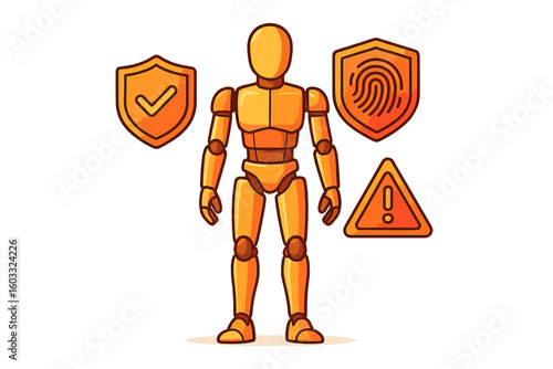 Robotic figure stands in front of security icons representing verification and safety measures in technology