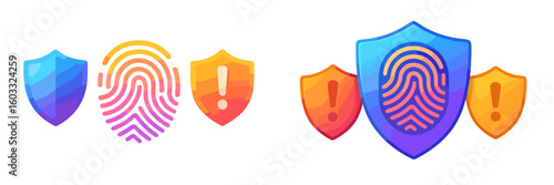 Design elements featuring security shields and fingerprint icons with attention symbols for digital safety themes