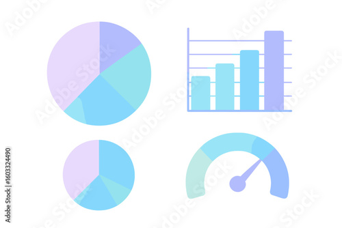 Colorful data visualization designs showcasing pie charts, bar graphs, and gauges for insightful analysis