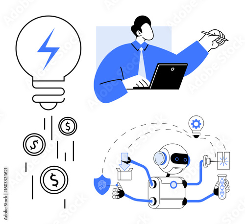 Business professional working on ideas, robot multitasking with tools, and a glowing bulb turning into coins. Ideal for technology, innovation, productivity, energy, creativity, automation