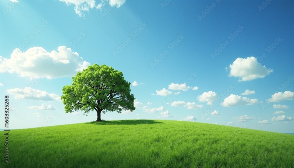 Fototapeta premium Solitary green tree on a vibrant hill.