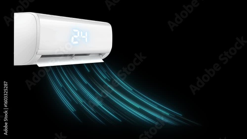 The air conditioner blows cool air, light glow on the digital temperature indicator, isolated on black, 4k animation