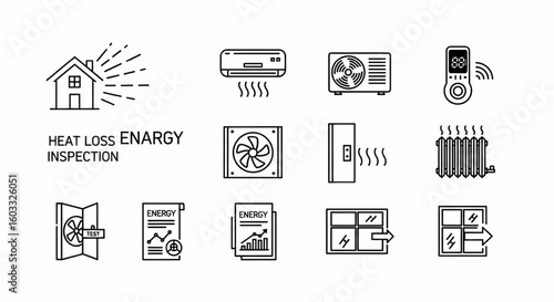 Home Energy Audit Line Icon Set – Heat Loss, HVAC, Smart Thermostat, Blower, Radiator, Report, Window Upgrade Vector

