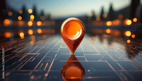 glossy orange location pin marking precise point on transparent surface indicating geographical position for digital navigation platforms
