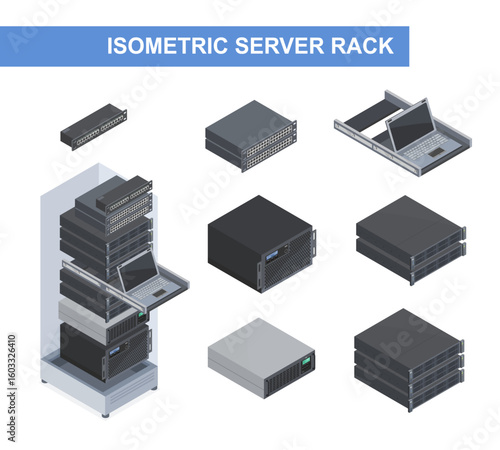 Collection of isometric server rack components including network switches data storage units and a retractable control monitor for data center visualization
