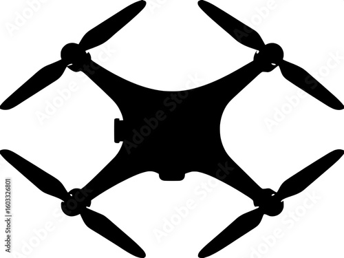 A flat, black silhouette of a drone quadcopter, seen from above with four symmetrical propellers. The drone is centered in the image, with no additional effects or shading, just clean lines and a star