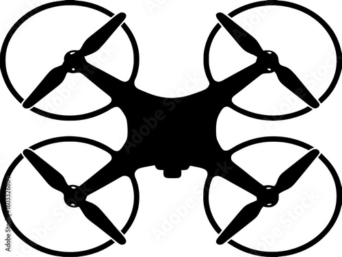 A flat, black silhouette of a drone quadcopter, seen from above with four symmetrical propellers. The drone is centered in the image, with no additional effects or shading, just clean lines and a star