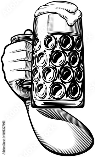 Glass of frothy beer raised upwards. Toasting with a large mug of ale. Vector illustration for pub or brewery design. Hand drawn by human in engraving, etching, woodcut, ink, retro vintage style