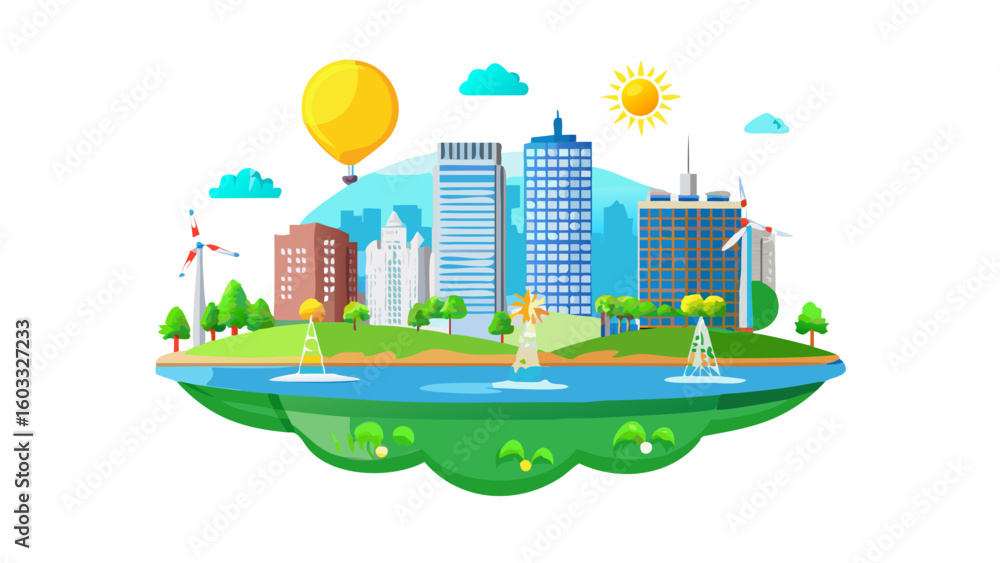 Obraz premium Sustainable Eco City with Renewable Energy Sources – Vector Illustration
