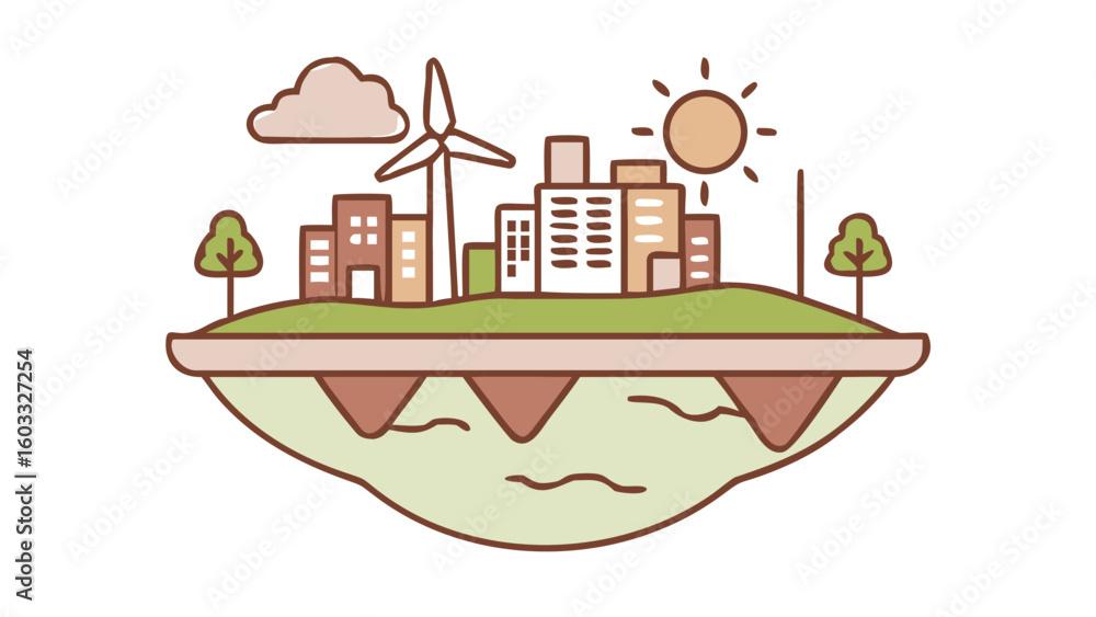 Naklejka premium Sustainable Eco City with Renewable Energy Sources – Vector Illustration