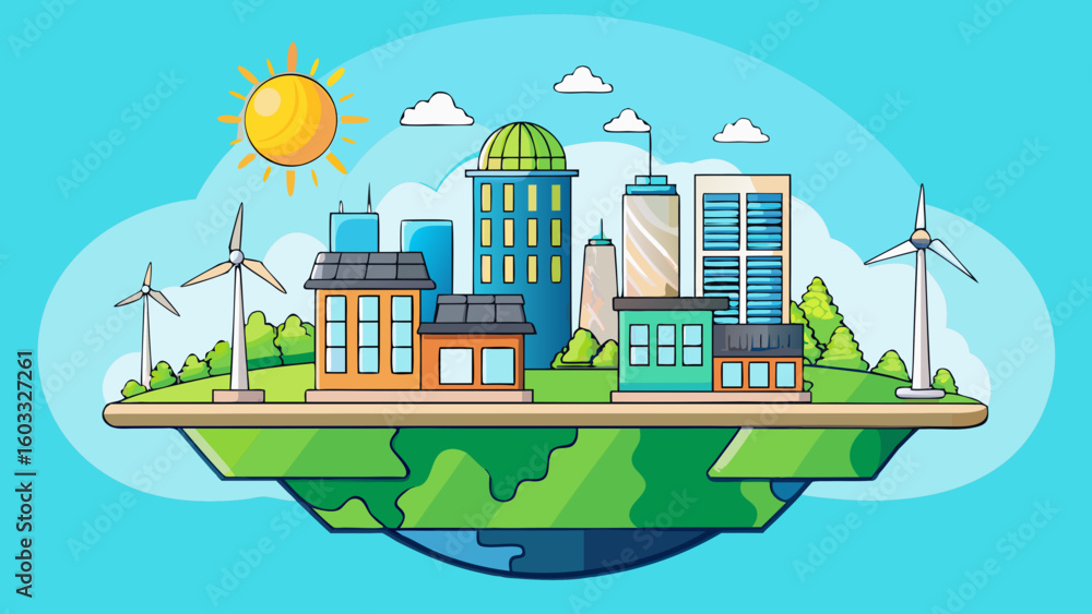 Obraz premium Sustainable Eco City with Renewable Energy Sources – Vector Illustration