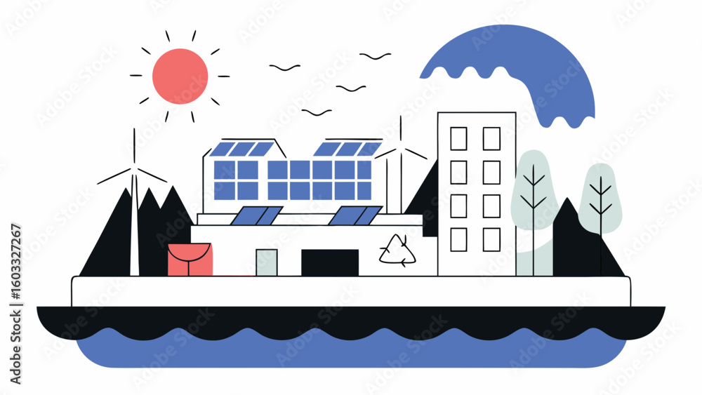 Obraz premium Sustainable Eco City with Renewable Energy Sources – Vector Illustration