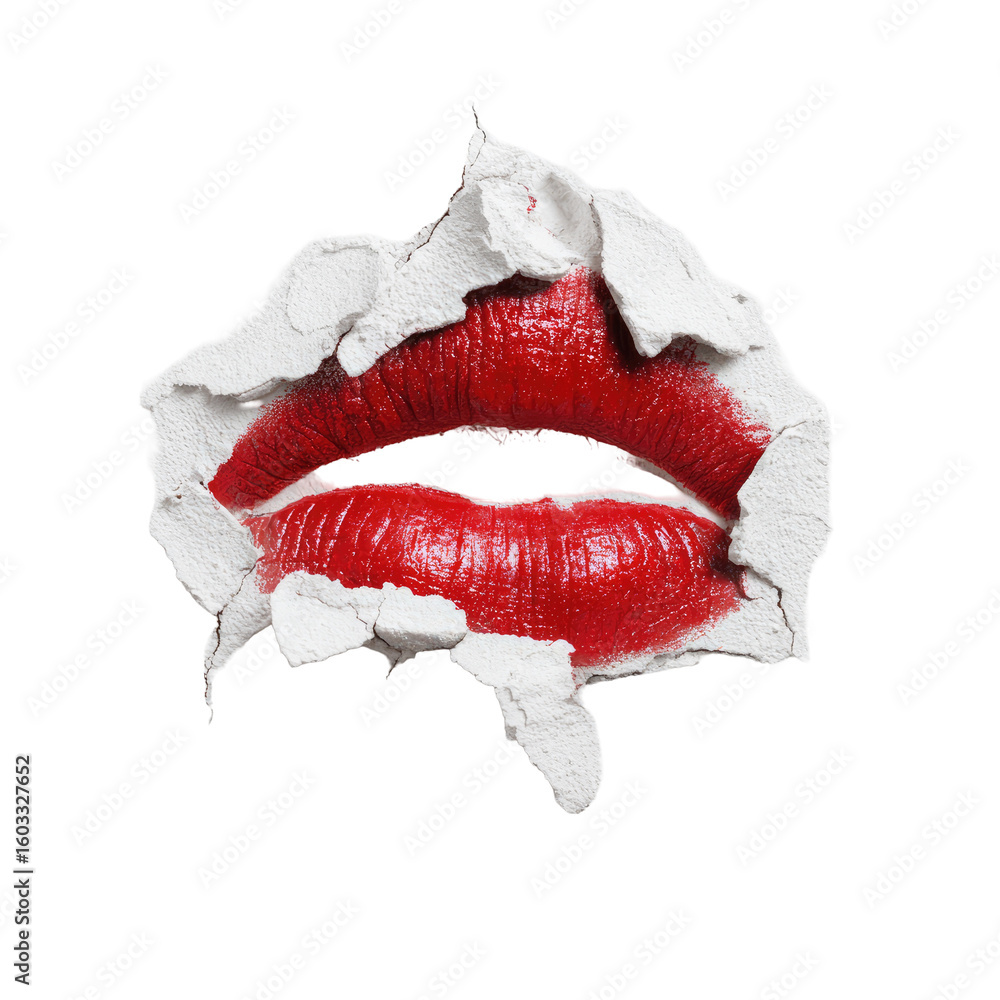 Fototapeta premium Red lips emerging from a cracked white surface