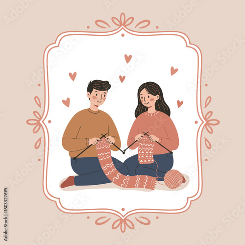 Young couple knitting together and smiling on light background  