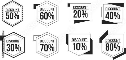 Monochrome Outline Discount Tags and Percentage Labels. Vector Icon Set for Web Banners, Retail, and E-commerce