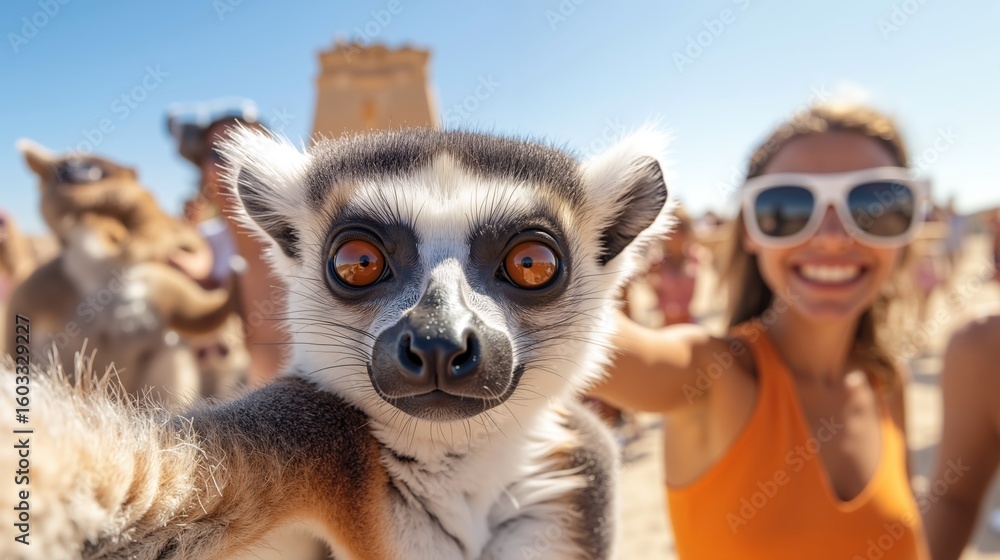 Obraz premium Ring-tailed lemur with large orange eyes surrounded by tourists wearing sunglasses in desert landscape. Wildlife safari adventure with exotic animals creating memorable travel experience concept