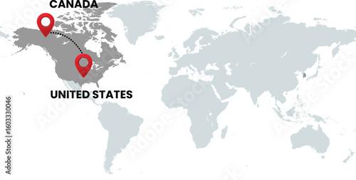 Global Location Map with United States and Canada, Dotted Line Travel Path Icon for International Business, Global Trade, and Worldwide Travel Routes