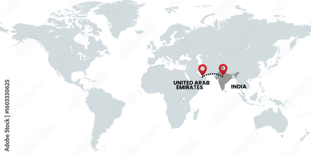 Obraz premium Global Location Map with United Arab Emirates and India, Dotted Line Travel Path Icon for International Business, Global Trade, and Worldwide Travel Routes
