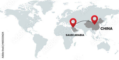 Global Location Map with Saudi Arabia and China, Dotted Line Travel Path Icon for International Business, Global Trade, and Worldwide Travel Routes