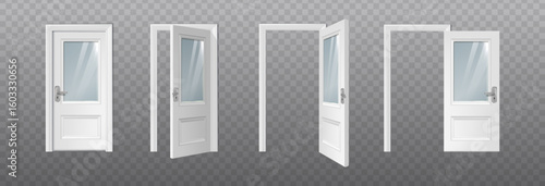 3d realistic vector icon illustration. White wooden front door open and stages of closed door. Isolated.