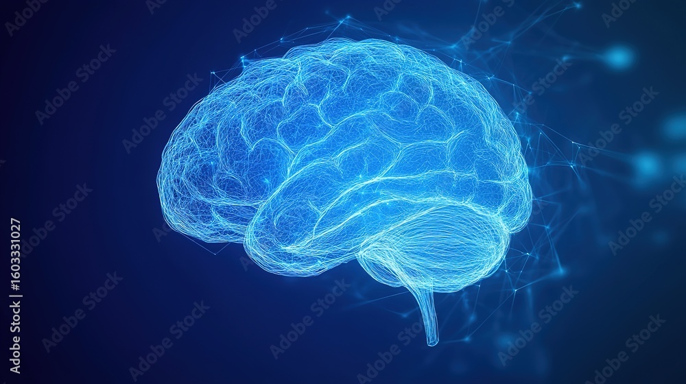 Obraz premium A digital blue wireframe representation of a human brain with neural network connections on a dark blue background.