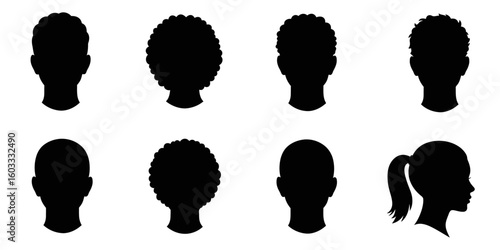 Vector Set of Diverse Human Head Silhouettes with Various Hairstyles – Male and Female Profiles in Black for Identity, UI, and Avatar Design