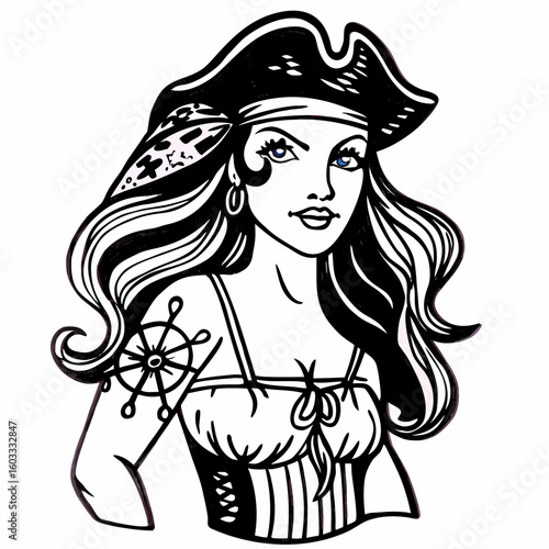 Illustration of a pirate woman with a tricorn hat, long hair, and a ship wheel tattoo on her arm created with generated ai