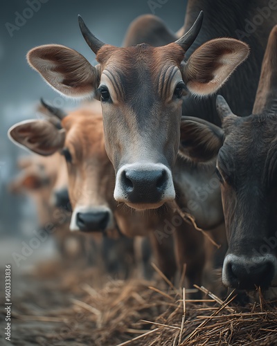 Native Cows Lined Up Eating From Ground high resolution image
