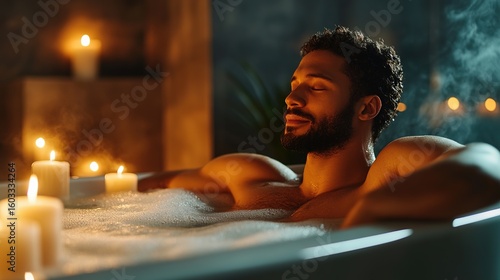 A man relaxes peacefully in a bubble bath surrounded by softly glowing candles, creating a serene and calming atmosphere.
