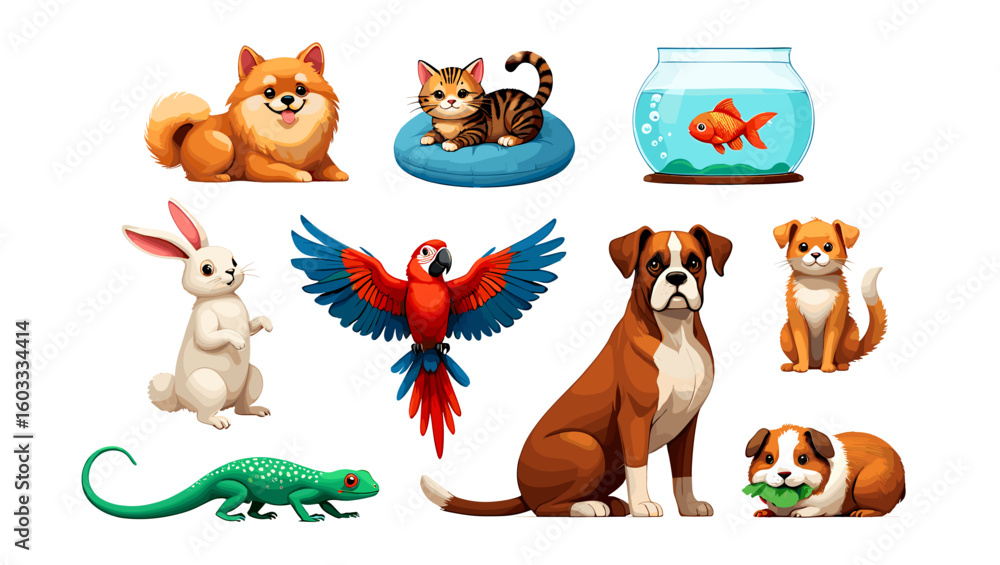Fototapeta premium Assorted domestic animals including dogs, cats, birds, fish, rabbit, and lizard are displayed