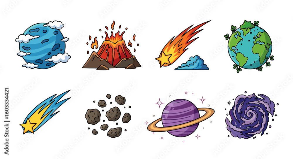 Naklejka premium Collection of cartoon planets volcano comets asteroids and galaxy for space exploration theme design
