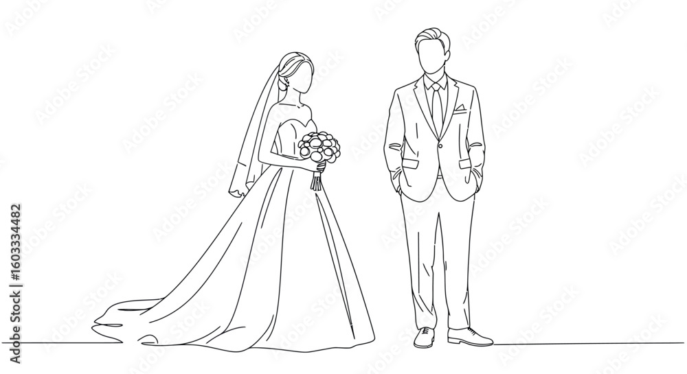 Obraz premium Elegant minimalist bride and groom continuous line art design