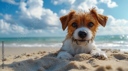 Adorable jack russell terrier puppy relaxing on a sandy beach during a sunny summer day