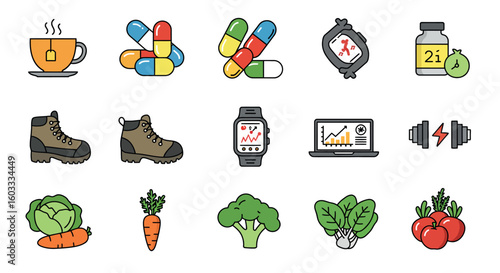 Colorful icons featuring tea, health supplements, fitness gear, and fresh vegetables for a healthy lifestyle