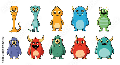 Collection of ten cartoon monsters with varied shapes and expressions standing in a row illustration