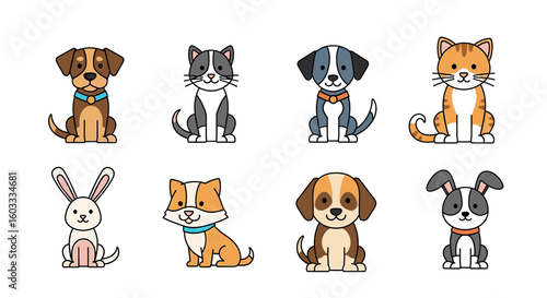 Collection of eight cartoon animals including dogs cats and a rabbit in a playful arrangement