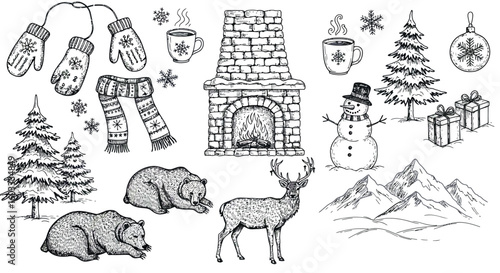 Hand drawn winter elements with animals and snowy landscapes